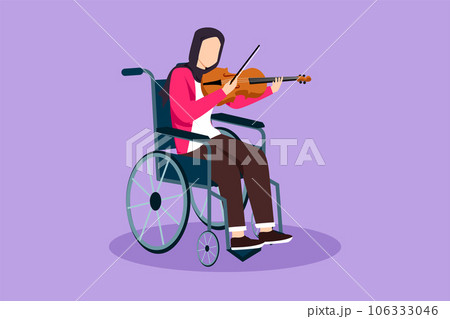 Character flat drawing disability and music. Beautiful Arab woman in wheelchair plays violin. Physically disabled. Person in hospital. Rehabilitation center patient. Cartoon design vector illustration 106333046