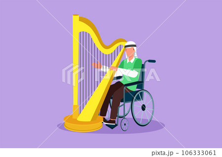 Graphic flat design drawing of young Arabian man sitting in wheelchair plays harp in concert. Disability and classical music. Physically disabled. Person in hospital. Cartoon style vector illustration Graphic flat design drawing of young Arabian man sitting in wheelchair plays harp in concert. Disability and classical music. Physically disabled. Person in hospital. Cartoon style vector illustration 106333061