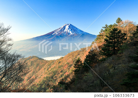 紅葉の三つ峠からの富士山眺望 山梨県河口湖町 紅葉の三つ峠からの富士山眺望 山梨県河口湖町 106333673