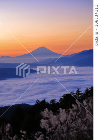 夜明けの高ポッチ高原からの諏訪湖雲海と富士山の眺望 夜明けの高ポッチ高原からの諏訪湖雲海と富士山の眺望 106334111