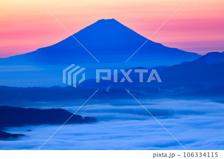 夜明けの高ポッチ高原からの諏訪湖雲海と富士山の眺望 106334115