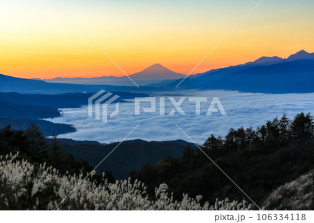 夜明けの高ポッチ高原からの諏訪湖雲海と富士山の眺望 106334118