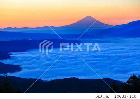 夜明けの高ポッチ高原からの諏訪湖雲海と富士山の眺望 夜明けの高ポッチ高原からの諏訪湖雲海と富士山の眺望 106334119