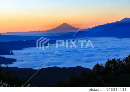 夜明けの高ポッチ高原からの諏訪湖雲海と富士山の眺望 夜明けの高ポッチ高原からの諏訪湖雲海と富士山の眺望 106334151