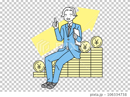 A man in a suit sitting on a pile of coins Image of money increasing 106334738