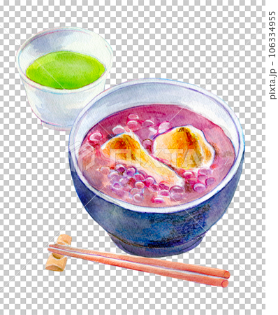 ぜんざいと緑茶のセット 水彩イラスト ぜんざいと緑茶のセット 水彩イラスト 106334955