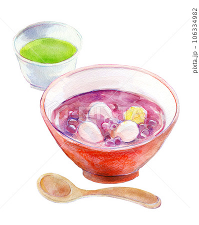 白玉ぜんざいと緑茶のセット　水彩イラスト 106334982