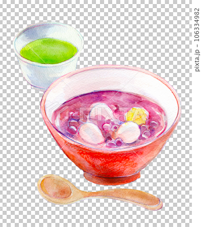 白玉ぜんざいと緑茶のセット　水彩イラスト 106334982