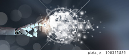 The Future global business connection with Artificial intelligence concept. Robot hand pointing the global connection with connecting people orbit around the world. World map and connecting people. 106335886