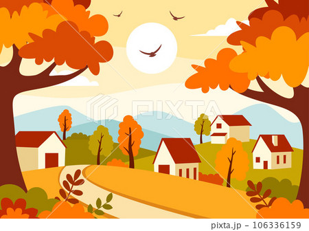 Autumn Landscape Background Vector Illustration with Mountains, Fields, Trees and Fall Leaves in Flat Cartoon Natural Season Panorama Templates Autumn Landscape Background Vector Illustration with Mountains, Fields, Trees and Fall Leaves in Flat Cartoon Natural Season Panorama Templates 106336159
