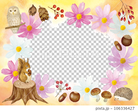 秋の花と動物のかわいいフレーム素材 106336427