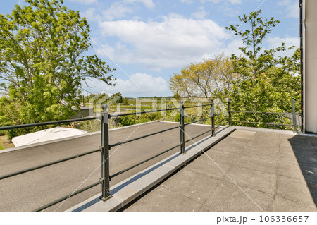 a balcony with trees in the background and blue skies overhead over the cityscaing area, as seen from above a balcony with trees in the background and blue skies overhead over the cityscaing area, as seen from above 106336657