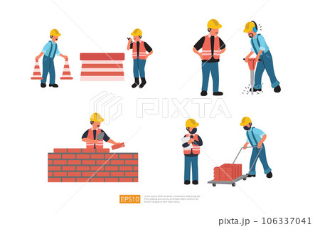 Construction Builder Character Set. installs fencing warning cones on road, worker drills road surface with jackhammer, Building Brick Wall, Carrying Brick. Vector Illustration of Construction Worker 106337041