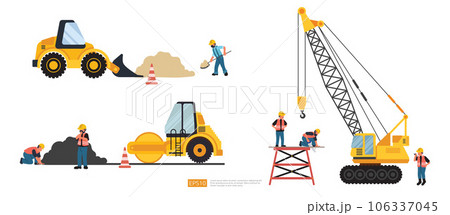 Construction site. bulldozer, lifter crane vehicle, road roller. heavy equipment and Builder or worker set. Vector illustration in flat tyle. 106337045