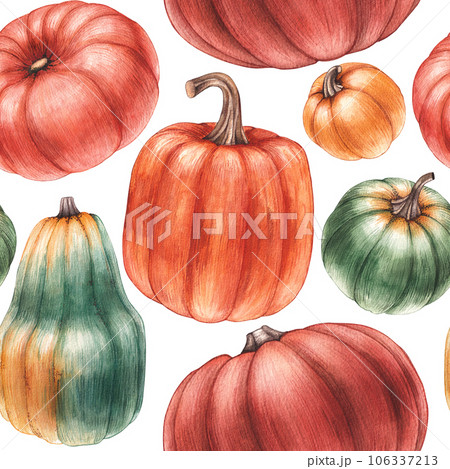 Drawn autumn pumpkins on a pink background for holiday and festival items 106337213