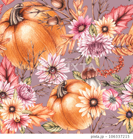 Hand drawn flowers, autumn pumpkins on pink background for holiday and festival items 106337215
