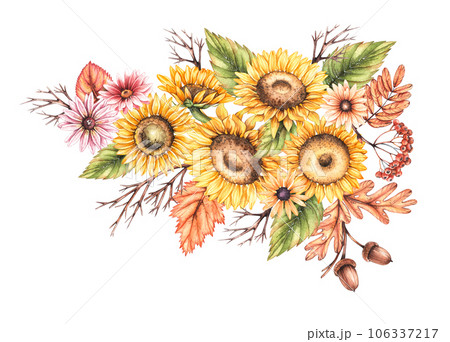 Watercolor autumn composition with autumn sunflower flowers, chrysanthemums, wilted leaves isolated on white background 106337217