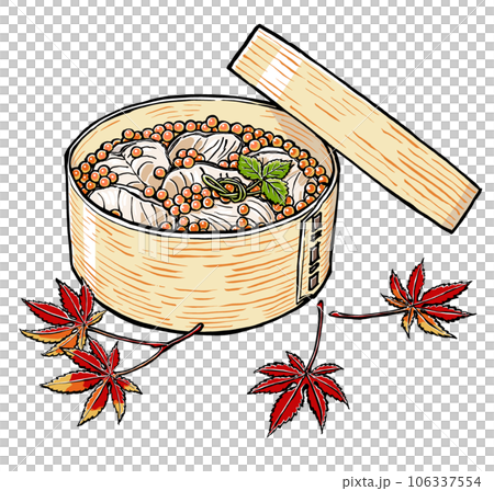Salmon and salmon roe harako rice packed in a Magewappa bento box and maple leaves in autumn colors brushed and matte 106337554