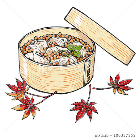 曲げわっぱの弁当箱に詰めた鮭とイクラのはらこ飯と紅葉したカエデの葉　版画風 106337555
