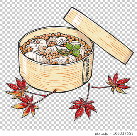 曲げわっぱの弁当箱に詰めた鮭とイクラのはらこ飯と紅葉したカエデの葉　版画風 106337555