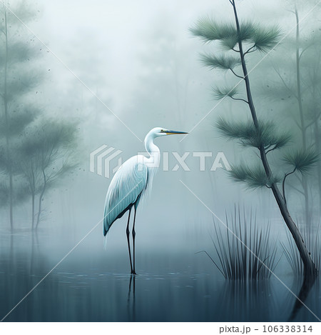 Image of great egret standing in the swamp in the middle of the forest. Birds. Animals. illustration. Generative AI. 106338314