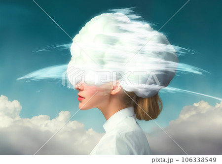 頭にモヤモヤとした煙のような雲がのった女性「AI生成画像」 106338549