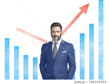 V字回復を成功させたビジネスマンと棒グラフのイメージイラスト「AI生成画像」 106338564