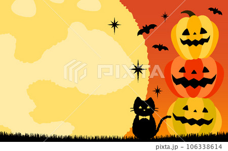 コピースペースのあるシンプルな手描き風の満月とパンプキンハロウィンベクターフレーム・背景素材_横長 106338614