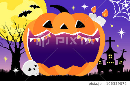 コピースペースのあるポップな手描き風の大きい口のパンプキンハロウィンタイトルフレーム・背景素材_紫 106339072