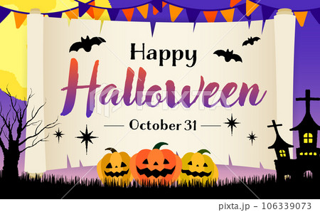 コピースペースのあるおしゃれ手描き風パンプキンと満月の夜のかぼちゃハロウィンベクターフレーム素材_紫 コピースペースのあるおしゃれ手描き風パンプキンと満月の夜のかぼちゃハロウィンベクターフレーム素材_紫 106339073