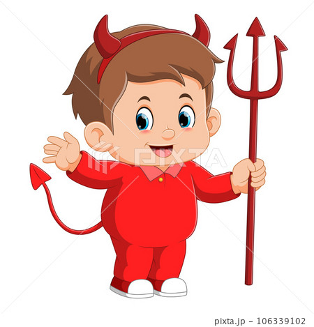 Cartoon little boy in costume devil holding a lucifer of illustration Cartoon little boy in costume devil holding a lucifer of illustration 106339102