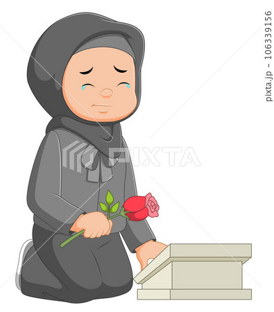 Woman visiting her parents grave of illustration 106339156
