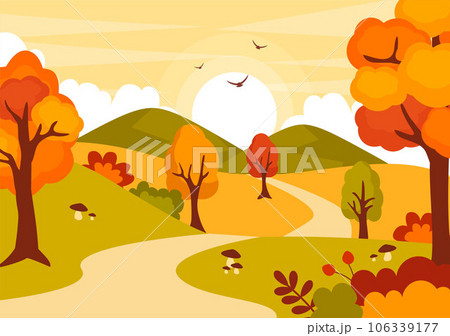 Autumn Landscape Background Vector Illustration with Mountains, Fields, Trees and Fall Leaves in Flat Cartoon Natural Season Panorama Templates 106339177