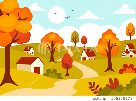 Autumn Landscape Background Vector Illustration with Mountains, Fields, Trees and Fall Leaves in Flat Cartoon Natural Season Panorama Templates 106339178