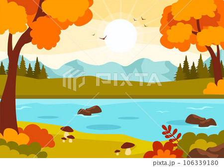 Autumn Landscape Background Vector Illustration with Mountains, Fields, Trees and Fall Leaves in Flat Cartoon Natural Season Panorama Templates 106339180