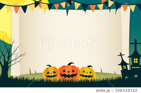 コピースペースのあるおしゃれ手描き風パンプキンと満月の夜のかぼちゃハロウィンベクターフレーム素材_緑 106339182