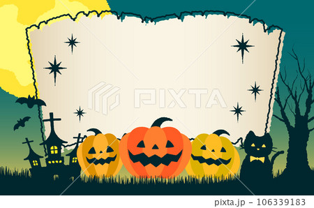 コピースペースのあるおしゃれ手描き風パンプキンと満月の夜のかぼちゃハロウィンベクターフレーム素材_緑 106339183