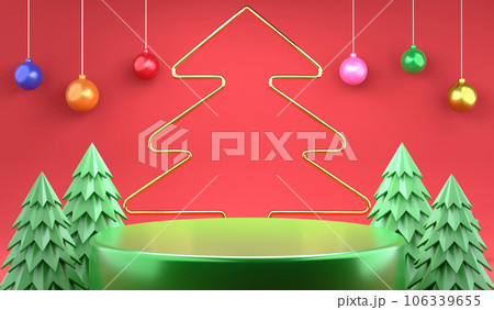 3D rendering Christmas ornaments and podium on red background, 3d illustration Christmas and New year festival for product display 3D rendering Christmas ornaments and podium on red background, 3d illustration Christmas and New year festival for product display 106339655