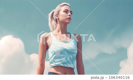 青空の中でランニング・ジョギング・有酸素運動・エクササイズする白人女性のモデル 106340116