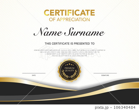 certificate of achievement template black and gold color with luxury and modern style vector image. awards diploma of work. illustration gift card design. certificate of achievement template black and gold color with luxury and modern style vector image. awards diploma of work. illustration gift card design. 106340484