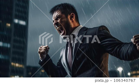 夜雨の中で叫ぶ・ガッツポーズするアジア人ビジネスマン・勝利・憎悪・憎しみ・恨み・悔しい・裏切り 106340767