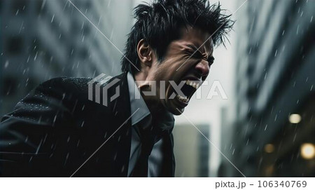 夜雨の中で仕事のストレスで怒り叫ぶ・激怒するアジア人ビジネスマン・憎悪・憎しみ・恨み・悔しい・裏切り 106340769