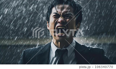 夜雨の中で仕事のストレスで怒り叫ぶ・激怒するアジア人ビジネスマン・憎悪・憎しみ・恨み・悔しい・裏切り 106340770