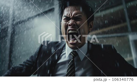 夜雨の中で仕事のストレスで怒り叫ぶ・激怒するアジア人ビジネスマン・憎悪・憎しみ・恨み・悔しい・裏切り 106340776