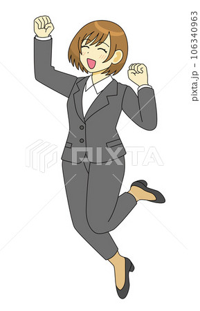 ジャンプして喜ぶパンツスーツ姿の女性のイラスト ジャンプして喜ぶパンツスーツ姿の女性のイラスト 106340963