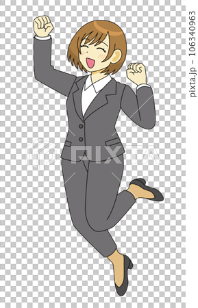 ジャンプして喜ぶパンツスーツ姿の女性のイラスト ジャンプして喜ぶパンツスーツ姿の女性のイラスト 106340963