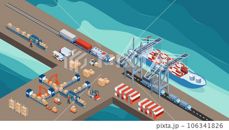 Maritime transport logistics with Steel Container Loading on Industrial Ship by Crane and Warehouse Work Process. vector illustration eps10 106341826
