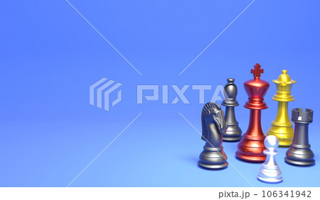 3D rendering metalic chess piece on blue background. 3D illustration chess and copy space 3D rendering metalic chess piece on blue background. 3D illustration chess and copy space 106341942