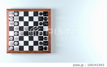 3D top view chess board game lineup and space black background for copy space , your text and other , 3D rendering chess concept 106341943