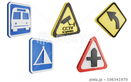Road sign side view clipart element ,3D render traffic sign concept icon set isolated on white background 3 Road sign side view clipart element ,3D render traffic sign concept icon set isolated on white background 3 106341970